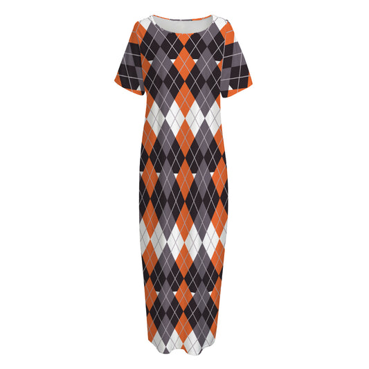 Halloween Themed Argyle Pattern Print Short Sleeve Long Nightdress