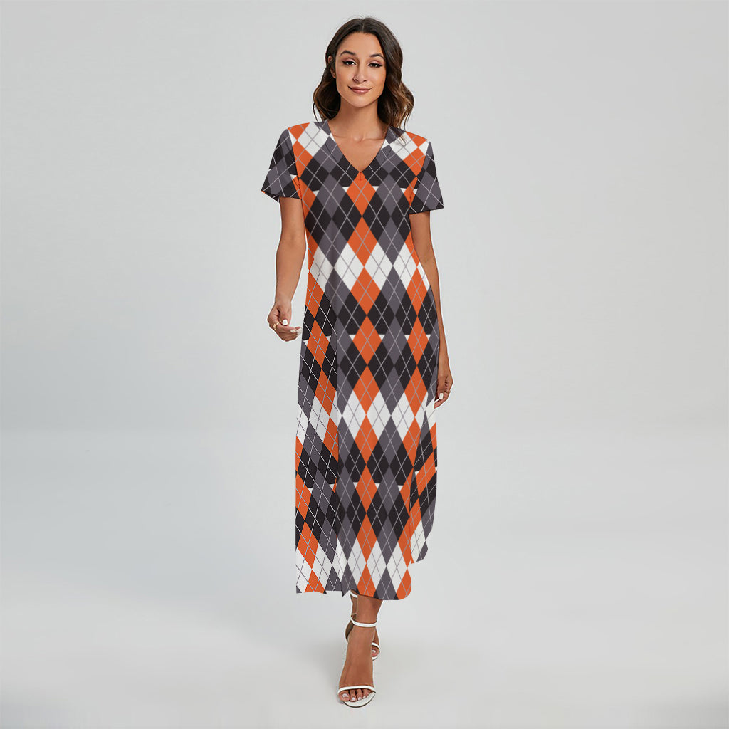 Halloween Themed Argyle Pattern Print Short Sleeve Maxi Dress