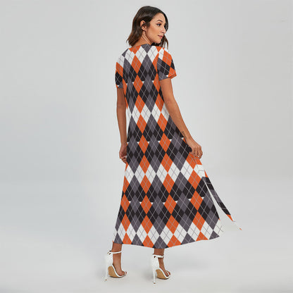 Halloween Themed Argyle Pattern Print Short Sleeve Maxi Dress