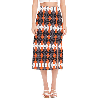 Halloween Themed Argyle Pattern Print Side Slit Midi Skirt