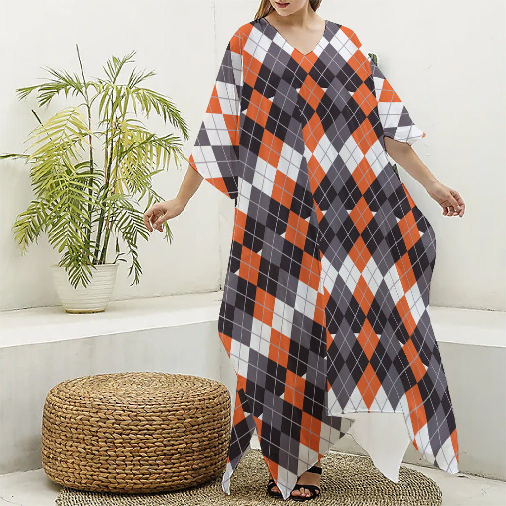 Halloween Themed Argyle Pattern Print Silk V-Neck Kaftan Dress