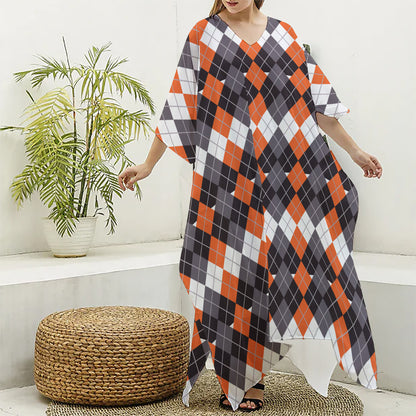 Halloween Themed Argyle Pattern Print Silk V-Neck Kaftan Dress