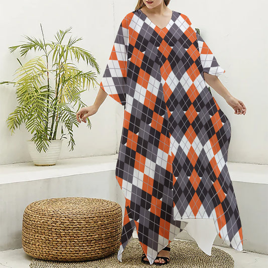 Halloween Themed Argyle Pattern Print Silk V-Neck Kaftan Dress