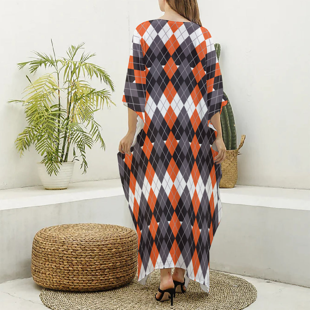 Halloween Themed Argyle Pattern Print Silk V-Neck Kaftan Dress