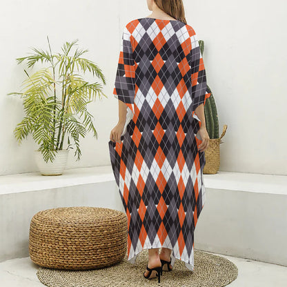 Halloween Themed Argyle Pattern Print Silk V-Neck Kaftan Dress