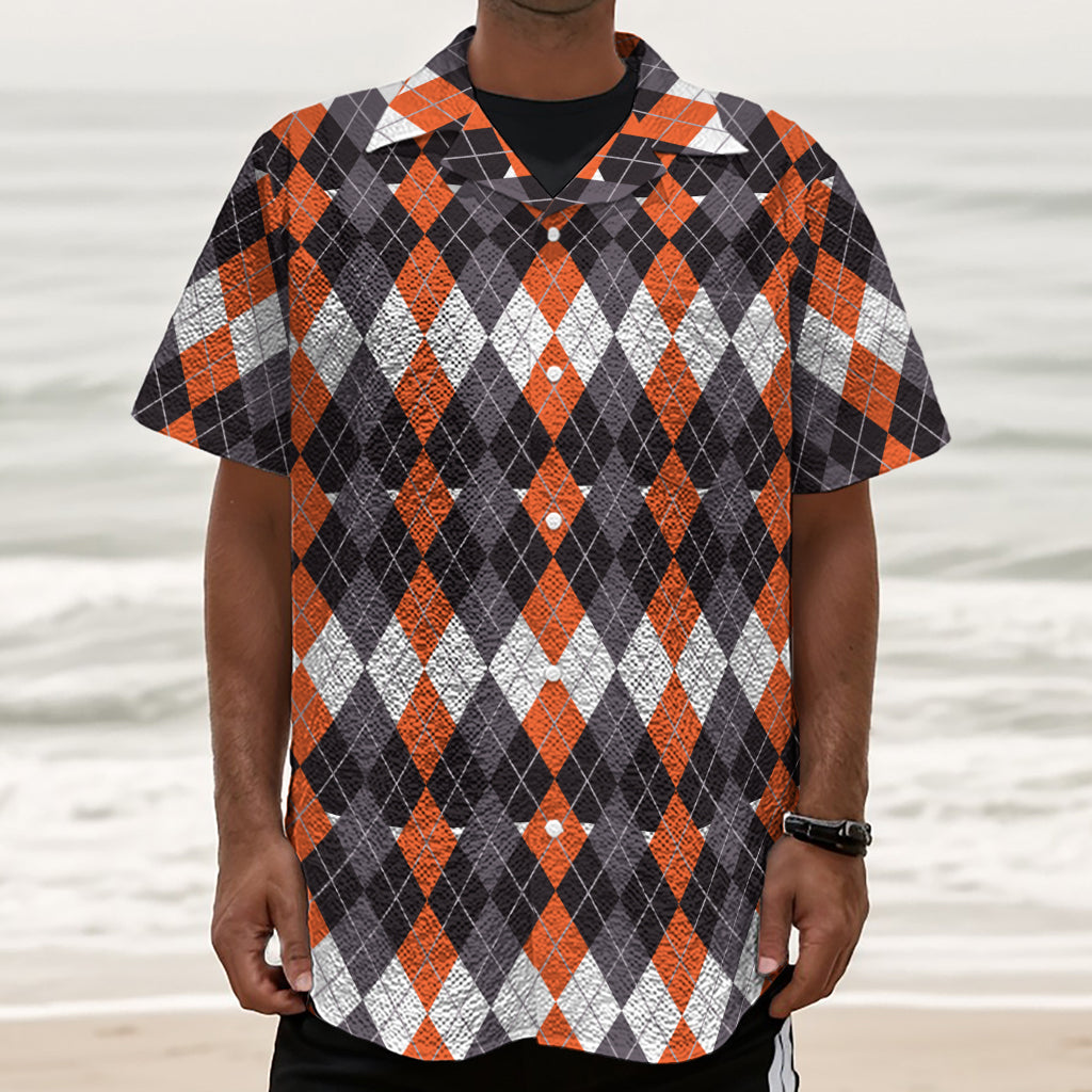 Halloween Themed Argyle Pattern Print Textured Short Sleeve Shirt
