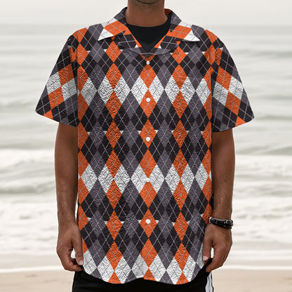 Halloween Themed Argyle Pattern Print Textured Short Sleeve Shirt