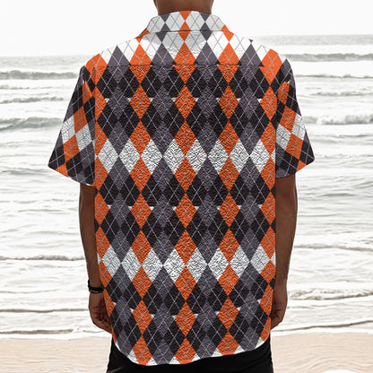 Halloween Themed Argyle Pattern Print Textured Short Sleeve Shirt