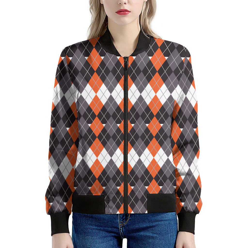 Halloween Themed Argyle Pattern Print Women's Bomber Jacket