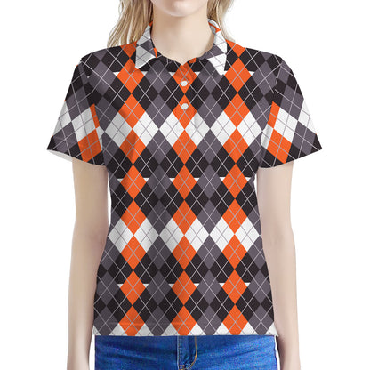 Halloween Themed Argyle Pattern Print Women's Polo Shirt