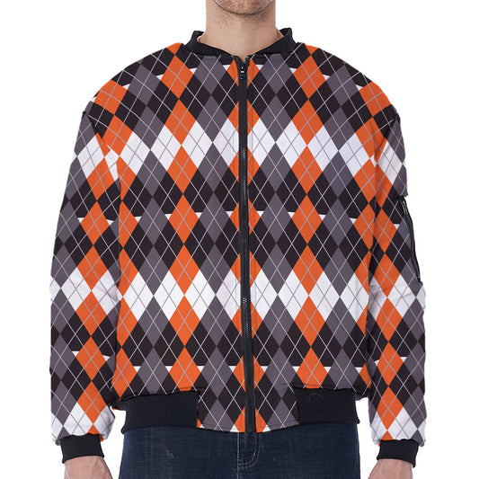 Halloween Themed Argyle Pattern Print Zip Sleeve Bomber Jacket