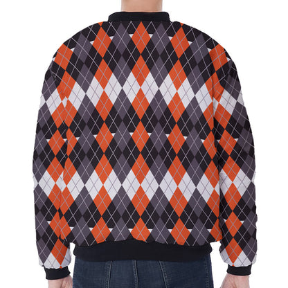 Halloween Themed Argyle Pattern Print Zip Sleeve Bomber Jacket