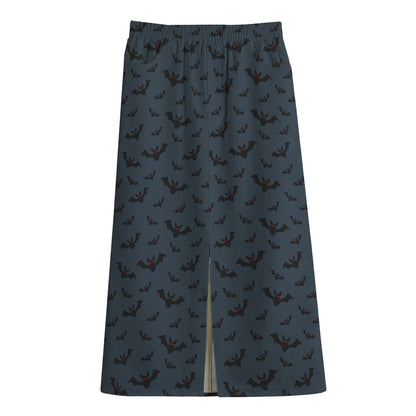 Halloween Vampire Bat Pattern Print Cotton Front Slit Maxi Skirt