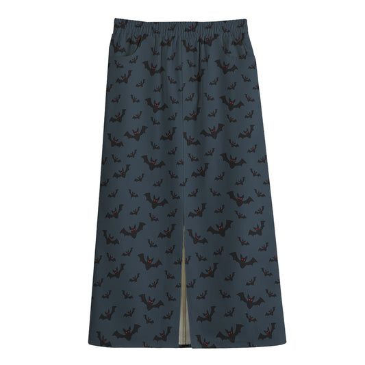 Halloween Vampire Bat Pattern Print Cotton Front Slit Maxi Skirt