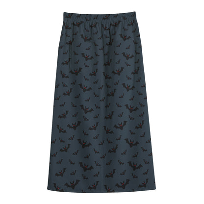Halloween Vampire Bat Pattern Print Cotton Front Slit Maxi Skirt