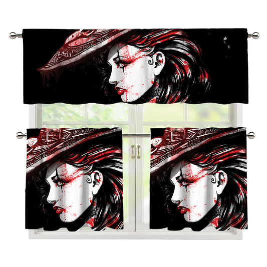 Halloween Vampire Girl Print 3 Piece Kitchen Curtains