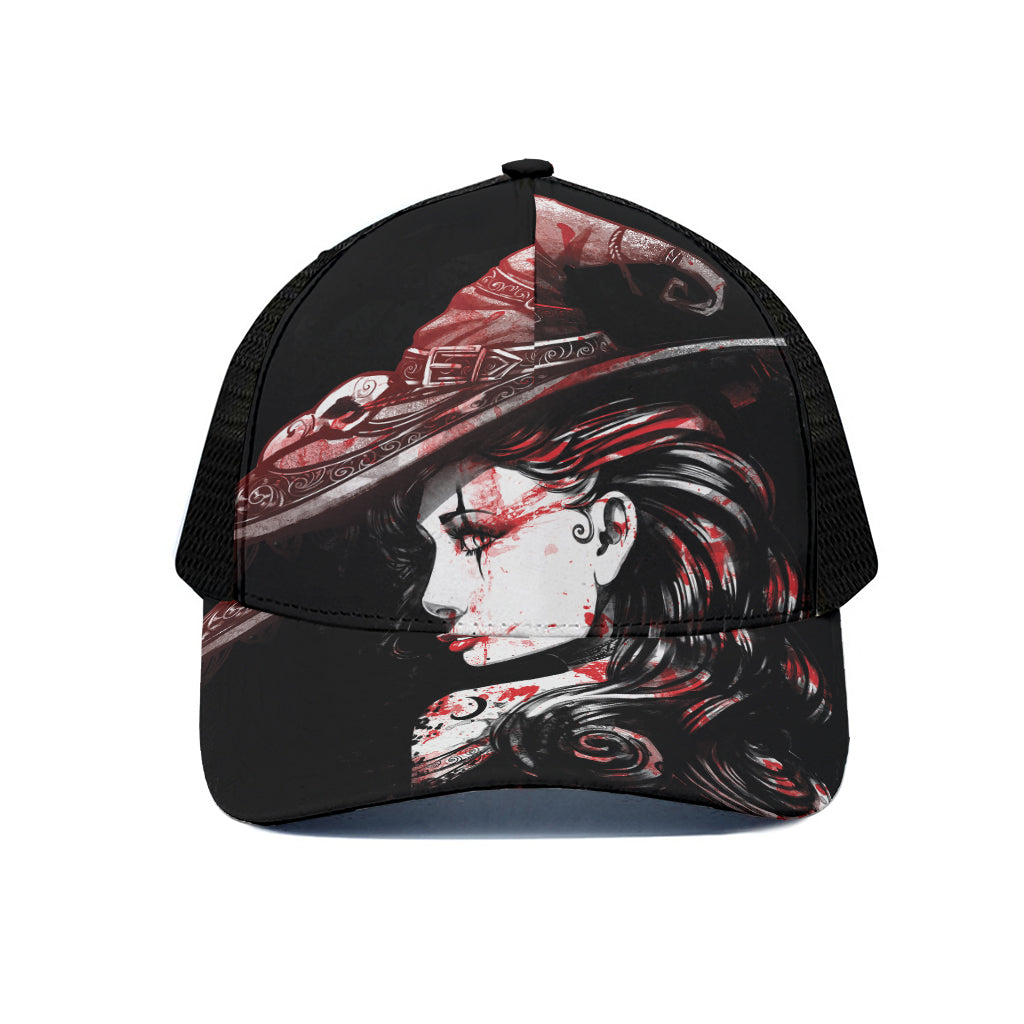 Halloween Vampire Girl Print Black Mesh Trucker Cap