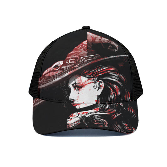 Halloween Vampire Girl Print Black Mesh Trucker Cap