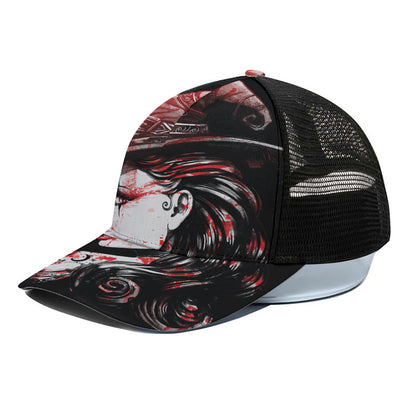Halloween Vampire Girl Print Black Mesh Trucker Cap