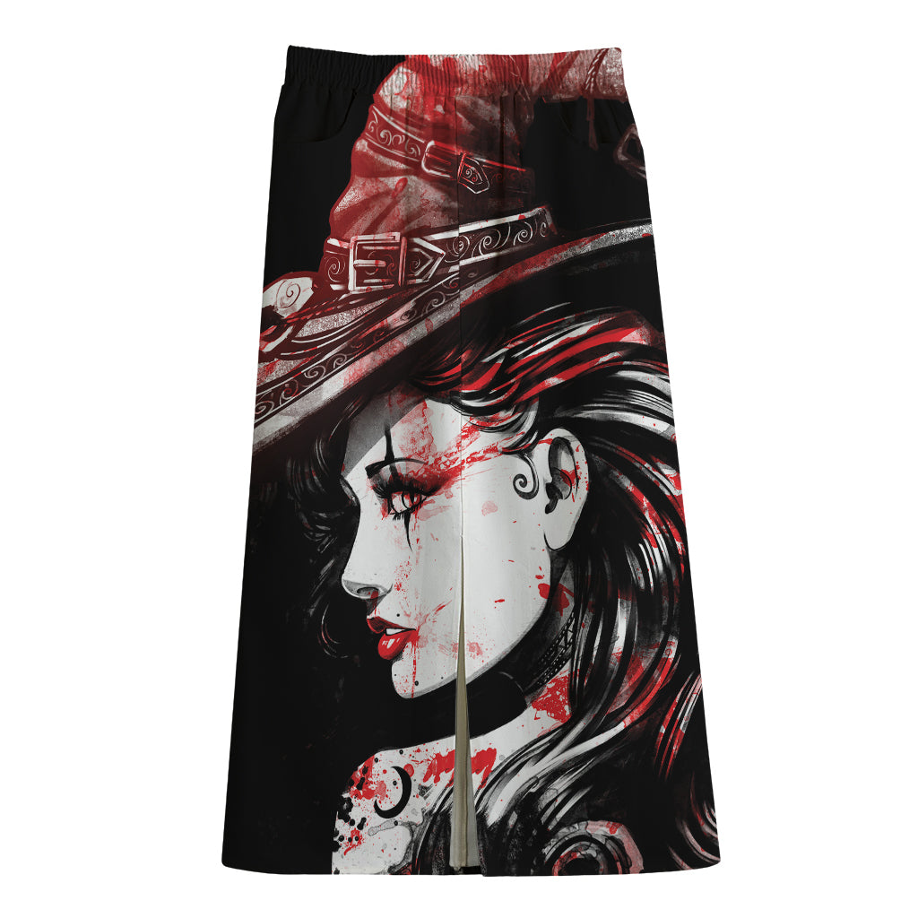 Halloween Vampire Girl Print Cotton Front Slit Maxi Skirt