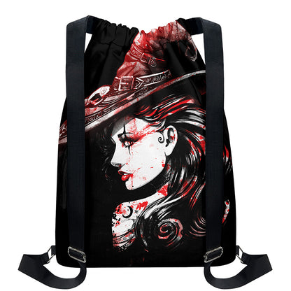 Halloween Vampire Girl Print Drawstring Backpack