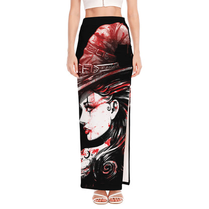 Halloween Vampire Girl Print High Slit Maxi Skirt