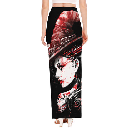 Halloween Vampire Girl Print High Slit Maxi Skirt