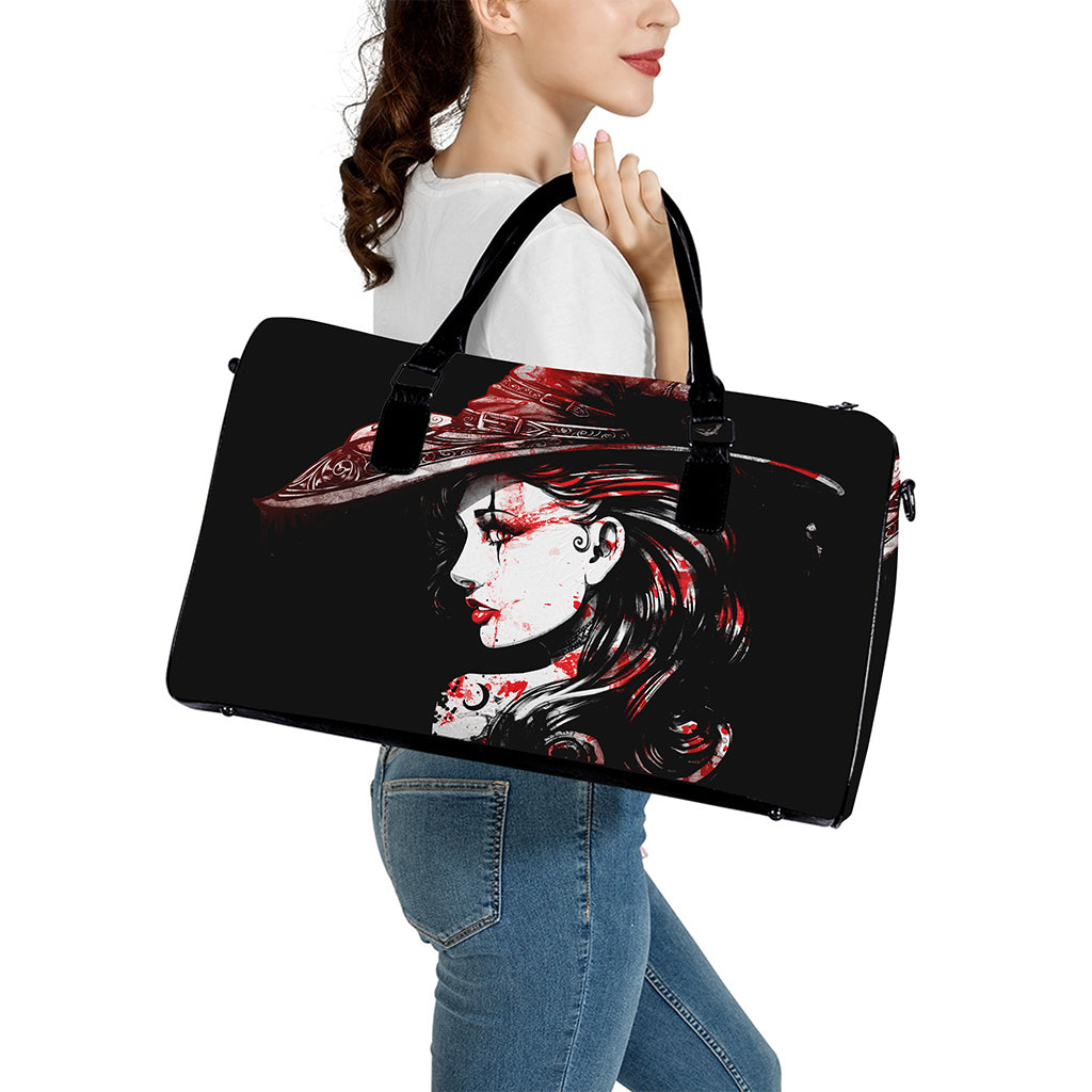 Halloween Vampire Girl Print Leather Duffle Bag