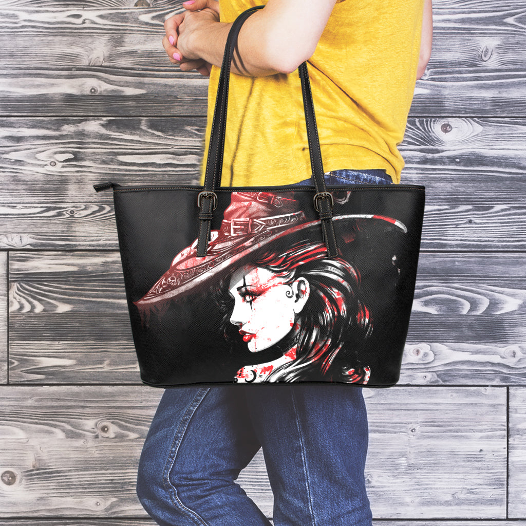 Halloween Vampire Girl Print Leather Tote Bag