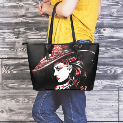 Halloween Vampire Girl Print Leather Tote Bag