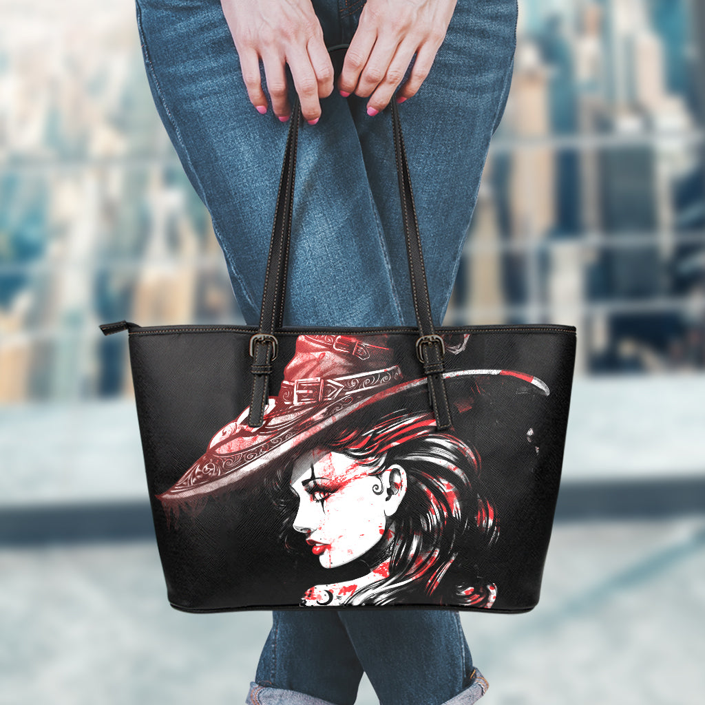 Halloween Vampire Girl Print Leather Tote Bag