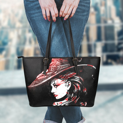 Halloween Vampire Girl Print Leather Tote Bag