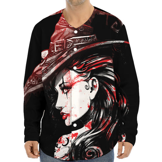Halloween Vampire Girl Print Long Sleeve Baseball Jersey