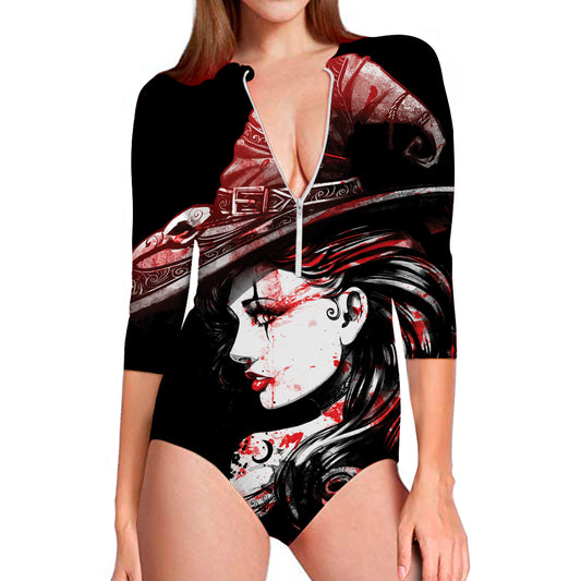 Halloween Vampire Girl Print Long Sleeve Swimsuit