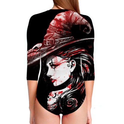 Halloween Vampire Girl Print Long Sleeve Swimsuit