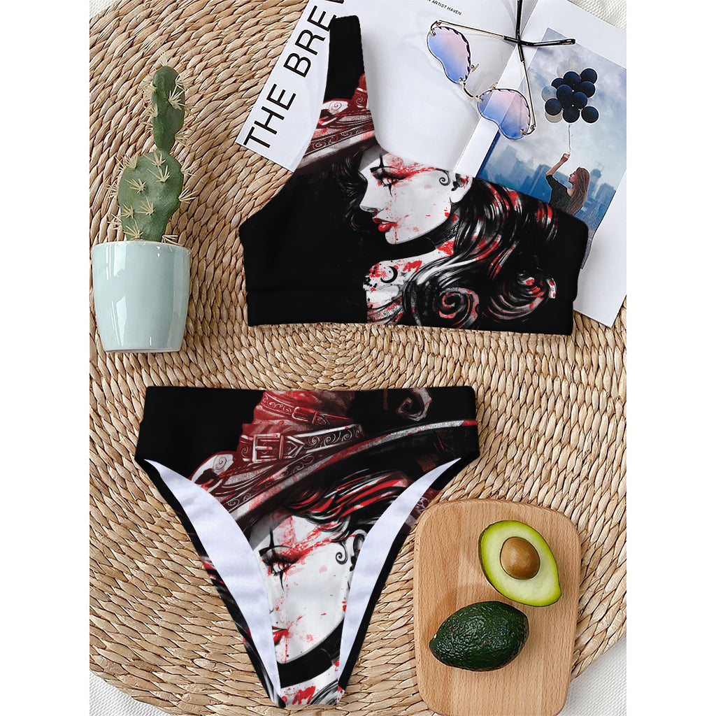 Halloween Vampire Girl Print One Shoulder Bikini Top