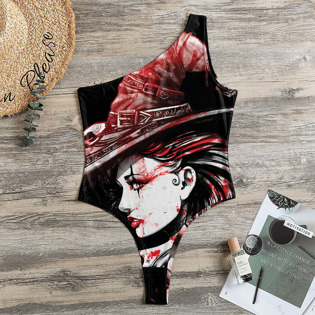 Halloween Vampire Girl Print One Shoulder Bodysuit