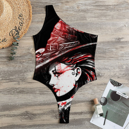 Halloween Vampire Girl Print One Shoulder Bodysuit