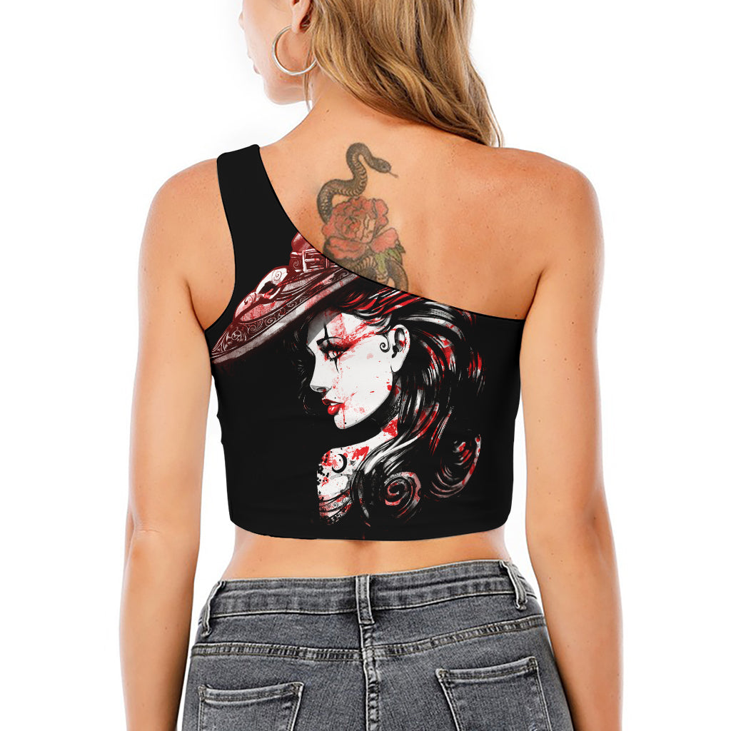 Halloween Vampire Girl Print One Shoulder Crop Top