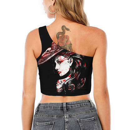 Halloween Vampire Girl Print One Shoulder Crop Top