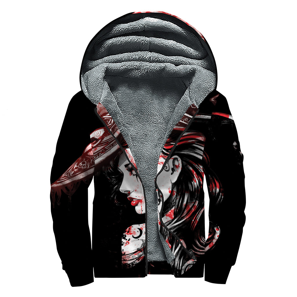 Halloween Vampire Girl Print Sherpa Lined Zip Up Hoodie