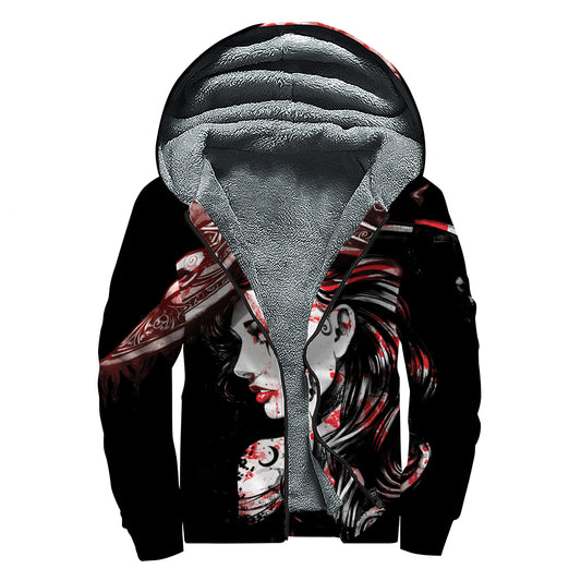 Halloween Vampire Girl Print Sherpa Lined Zip Up Hoodie