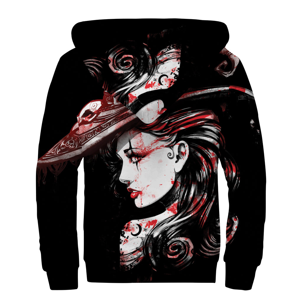 Halloween Vampire Girl Print Sherpa Lined Zip Up Hoodie