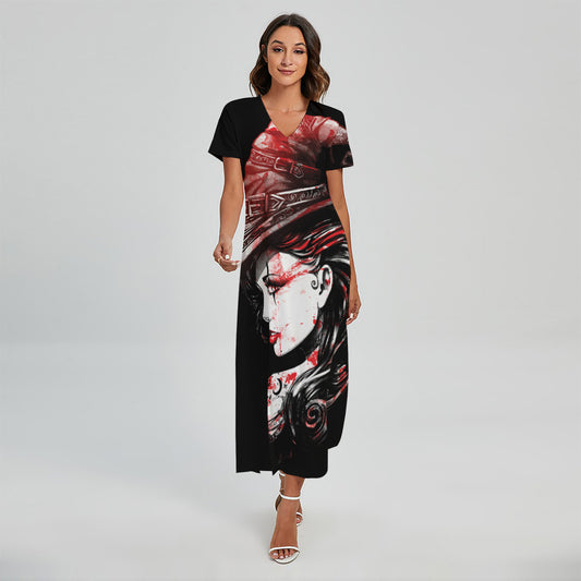 Halloween Vampire Girl Print Short Sleeve Maxi Dress