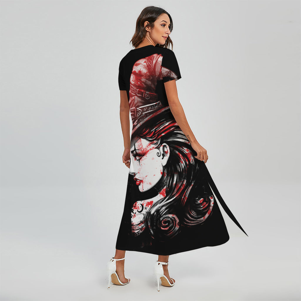 Halloween Vampire Girl Print Short Sleeve Maxi Dress