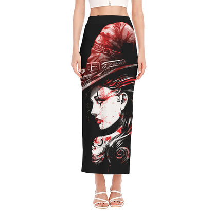 Halloween Vampire Girl Print Side Slit Maxi Skirt