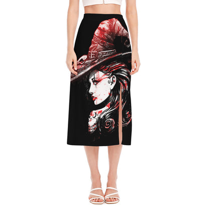 Halloween Vampire Girl Print Side Slit Midi Skirt