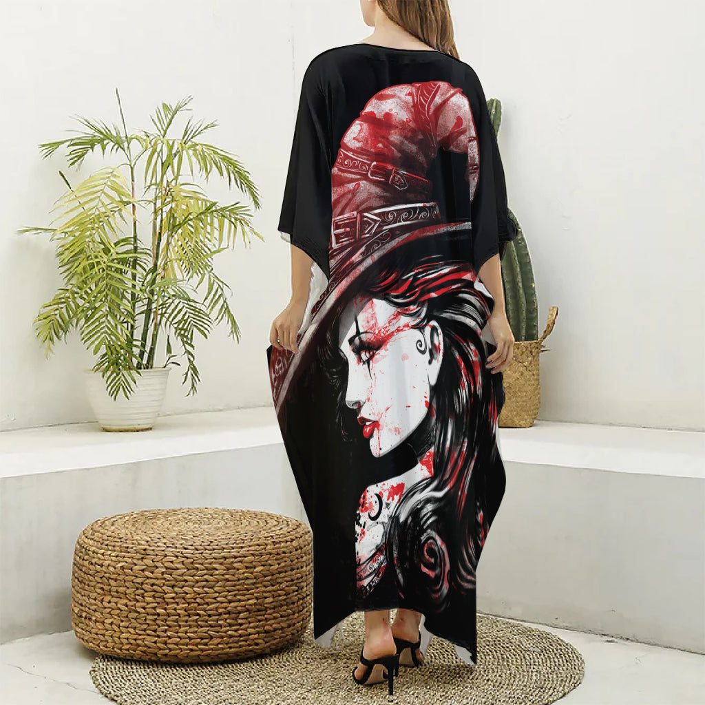 Halloween Vampire Girl Print Silk V-Neck Kaftan Dress