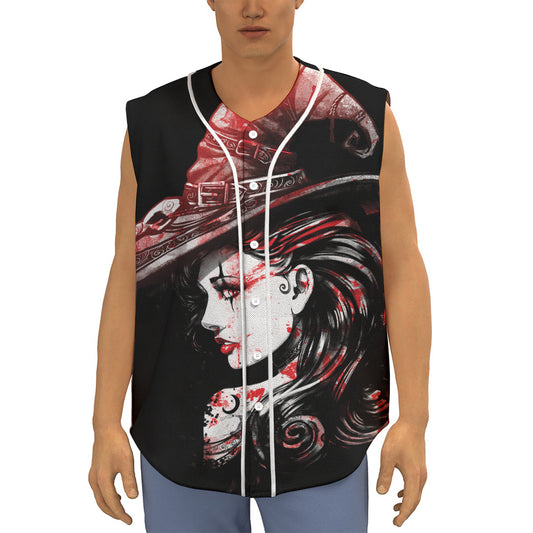Halloween Vampire Girl Print Sleeveless Baseball Jersey