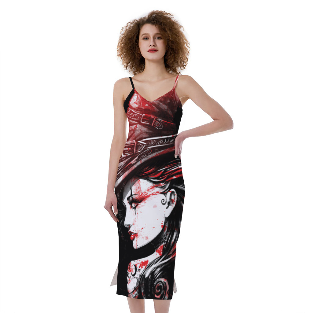 Halloween Vampire Girl Print Slim Fit Midi Cami Dress